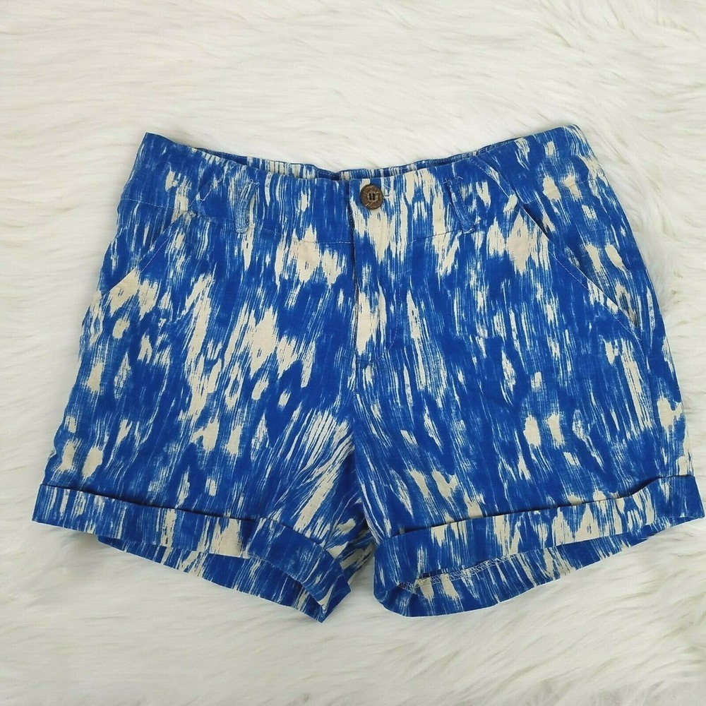 Womens Linen Blend Ikat Shorts 4 Blue Ivory Beachy Vacation Coastal Resort Boho